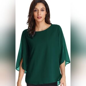 GRACE KARIN Emerald Green Elegant Long Sleeve Chiffon Round Neck Blouse Large